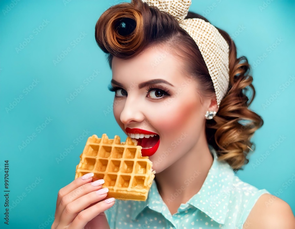 Creative photo of young beautiful woman pin up retro vintage style eating French waffle with cream food diet healthy lifestyle concept on blue background.