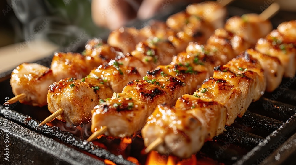 Skewers of delicious grilled meat roasting over charcoal on a smoky grill Skewers of delicious grilled meat roasting over charcoal on a smoky grill