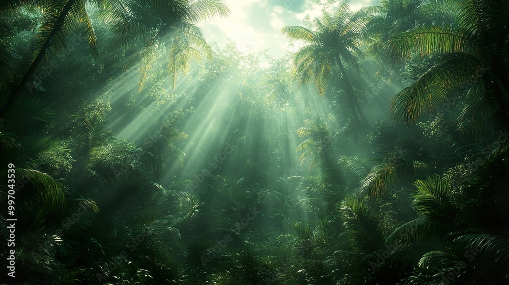 Lush Tropical Rainforest with Sunlight Streaming Through the Canopy Lush Tropical Rainforest with Sunlight Streaming Through the Canopy