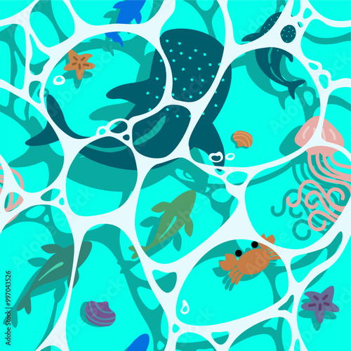 a seamless pattern background under water of whale, jelly fish and crab