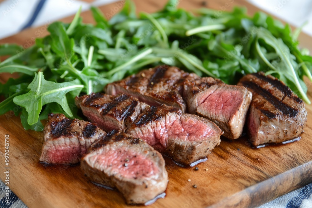 Grilled chuck roll beef steak with arugula - generative ai Grilled chuck roll beef steak with arugula - generative ai