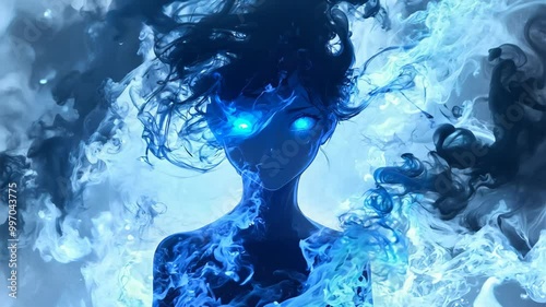 Mystical Anime Character with Blue Flames and Glowing Eyes