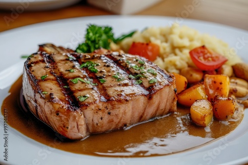 Delicous grilled tuna dish steak with peanut sauce - generative ai