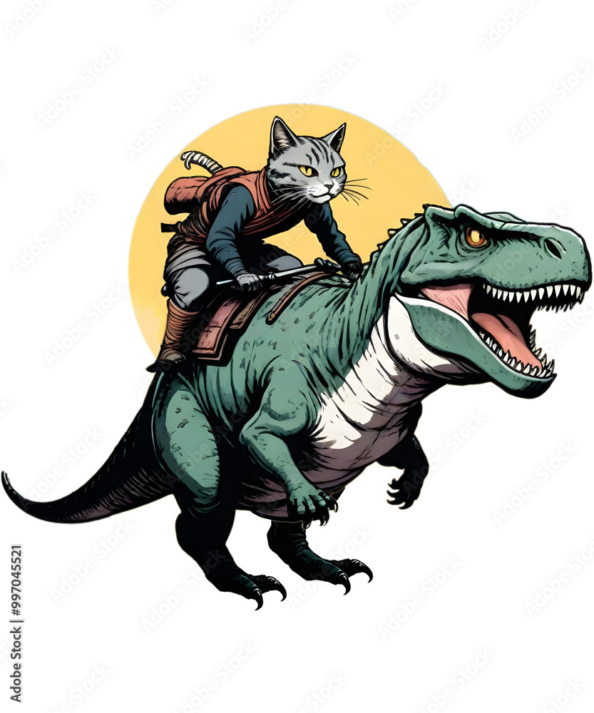 anime samurai ninja cute cat ride a dinosaur t-rex retro vintage anime samurai ninja cute cat ride a dinosaur t-rex retro vintage