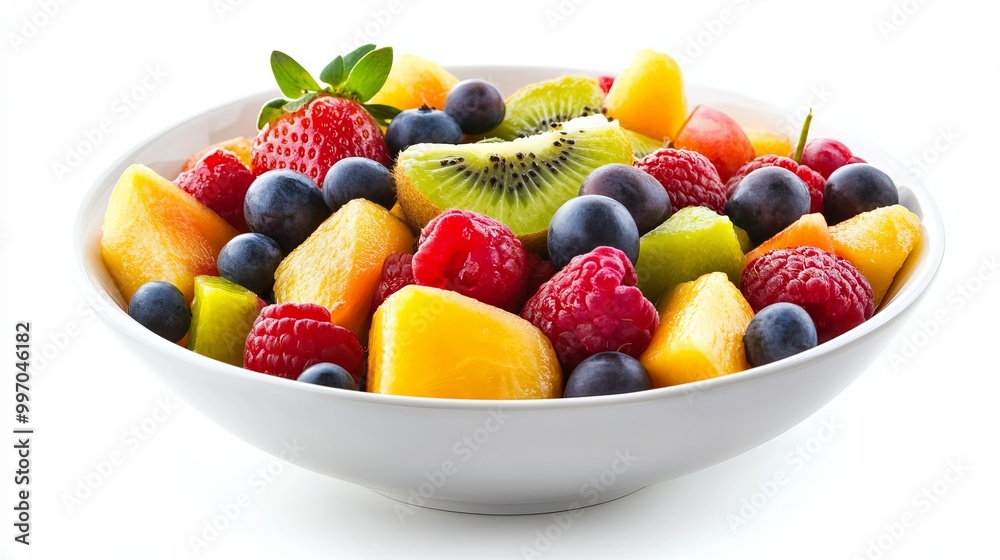 A bowl filled with colorful fruits, isolated on a white background. A healthy and refreshing summer meal. A bowl filled with colorful fruits, isolated on a white background. A healthy and refreshing summer meal.