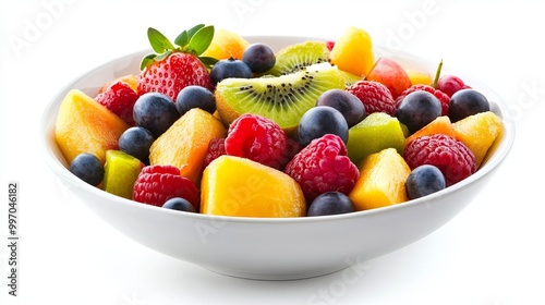 A bowl filled with colorful fruits, isolated on a white background. A healthy and refreshing summer meal.