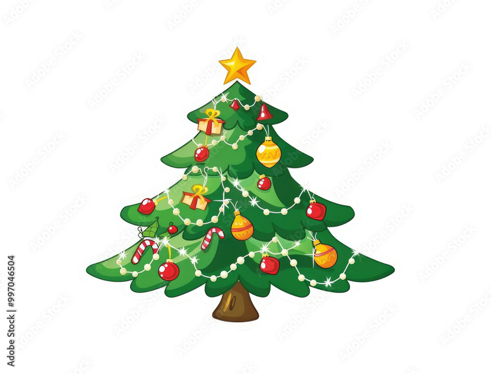 Christmas tree with different decorations and gifts isolated on transparent background. Winter Holidays concept with balls, lights, icicle decor in cartoon style Christmas tree with different decorations and gifts isolated on transparent background. Winter Holidays concept with balls, lights, icicle decor in cartoon style