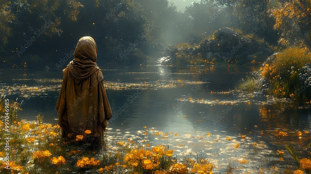 Mystical Figure by the Lake: A Dreamlike Landscape Mystical Figure by the Lake: A Dreamlike Landscape