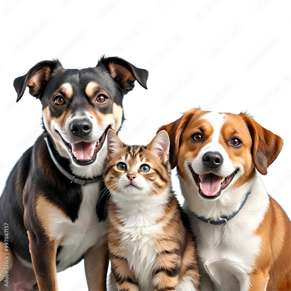 Two happy dogs and a curious cat posing together in a friendly group. Two happy dogs and a curious cat posing together in a friendly group.