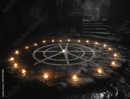 Ancient pentagram ritual at night surrounded by flickering candles in a dark fantasy setting photo