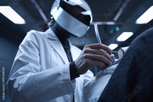 Futuristic Medicine: A close-up shot of a futuristic doctor in a white coat and a helmet, performing a medical procedure on a patient in a sterile, high-tech environment.