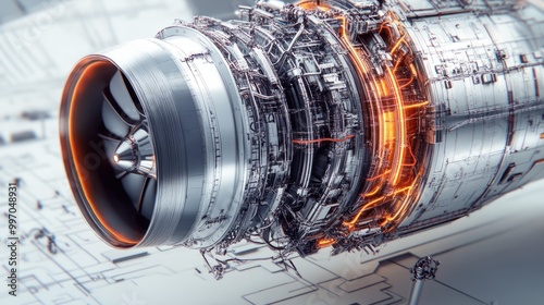 Detailed technical drawing of an aircraft engine with intricate wiring and mechanical parts.