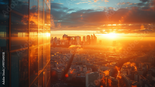 Paris city skyline, an elegant high-rise office building, beautiful sunrise and rays, sun glare