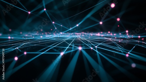 A striking display of interconnected light beams forms geometric shapes against a deep black backdrop, with vibrant blue and pink elements creating a captivating visual effect