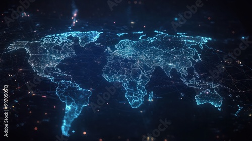 Glowing world map on dark background. Globalization concept. Communications network map of the world. Technological futuristic background. World connectivity and global networking concept