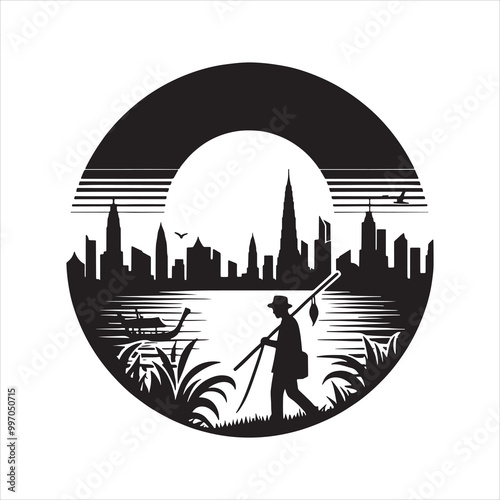 City skyline and nature silhouette vector with a woman looking out, enclosed in a circular artistic design