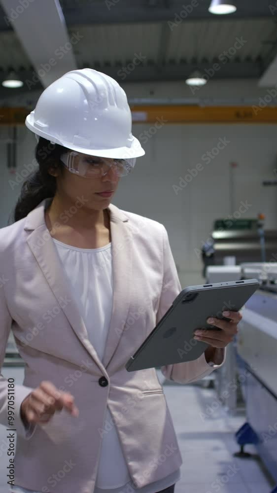 Vertical video of Young Indian woman, a successful production manager using a tablet during factory inspection, medium shot. Manufacturing and business concepts. Vertical video of Young Indian woman, a successful production manager using a tablet during factory inspection, medium shot. Manufacturing and business concepts.
