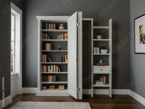 Wooden Hidden Door Bookcase with White Painted Finish for Small Spaces and Secret Rooms