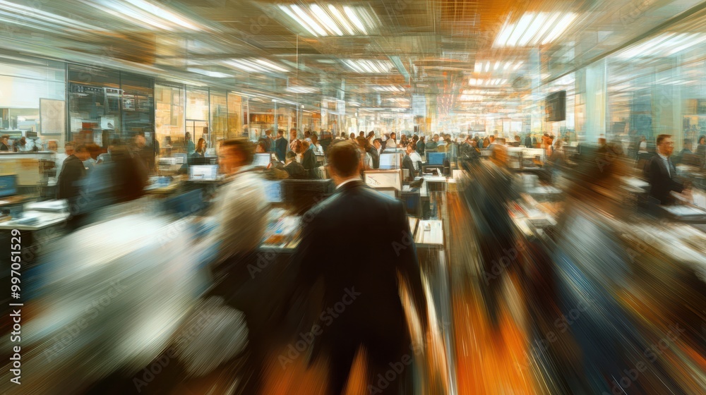 Naklejka premium Inside of a Busy office ,depiction of a busy office rush hour day , Motion blur captures the busy life .