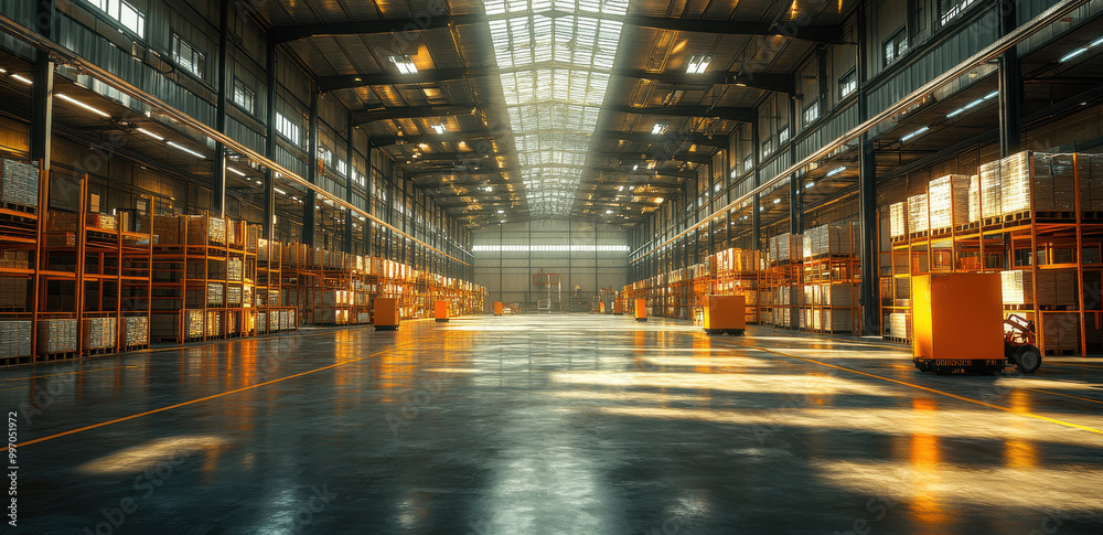 Wide-angle view of an empty warehouse showcasing high racking systems, bright lighting, and pallets on the floor Wide-angle view of an empty warehouse showcasing high racking systems, bright lighting, and pallets on the floor