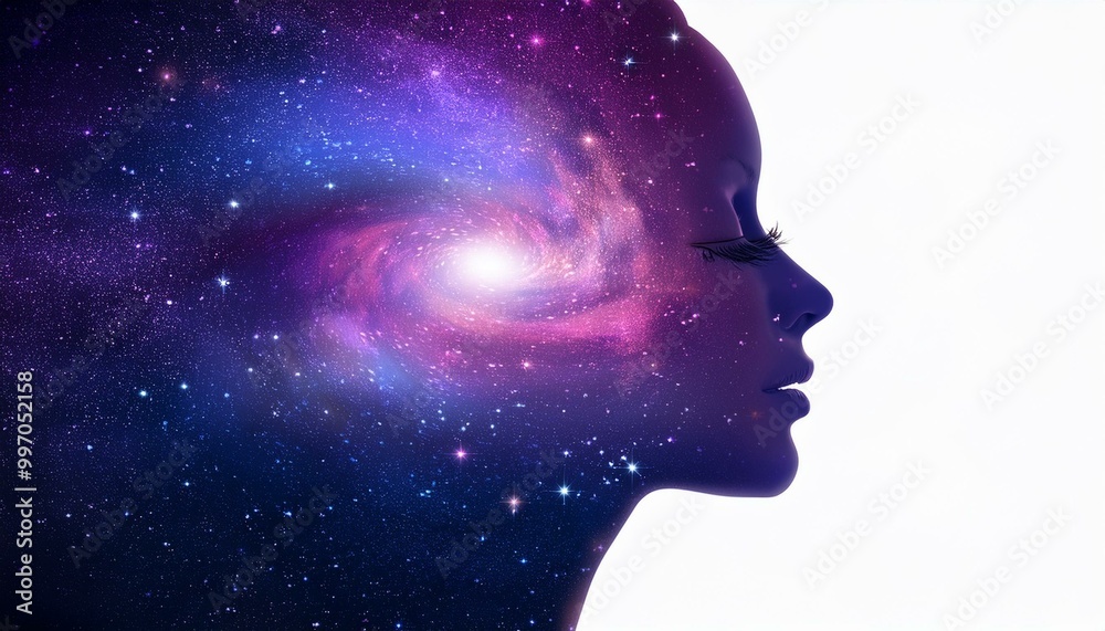Melancholy woman with closed eyes emerging from a sea of galaxies with bright stars Melancholy woman with closed eyes emerging from a sea of galaxies with bright stars