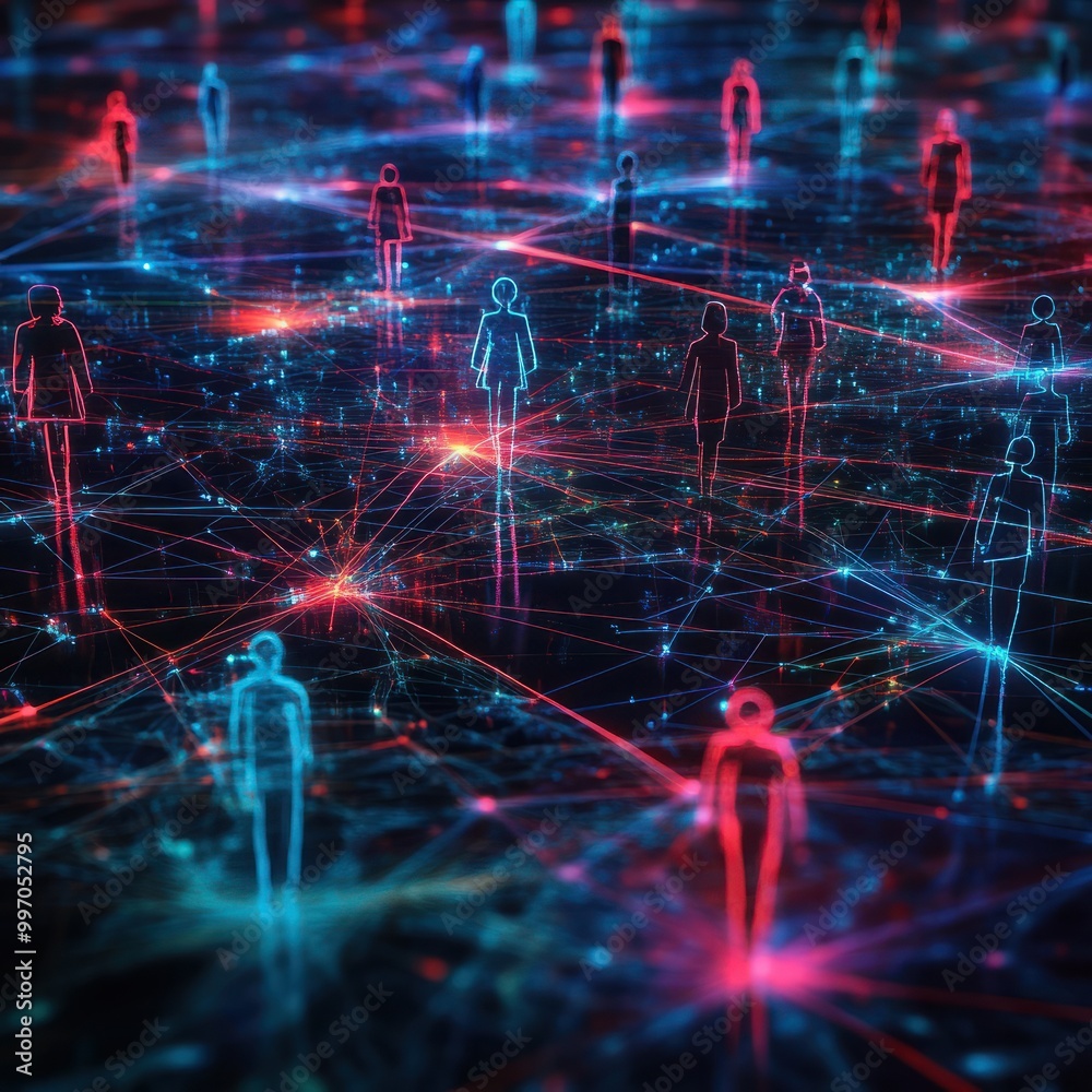 People in a digital world, connected in cyberspace. Colorful technology background People in a digital world, connected in cyberspace. Colorful technology background