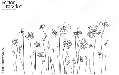 One line floral set element. Black and white monochrome continuous single line art. Floral nature Woman day gift romantic date illustration sketch outline drawing
