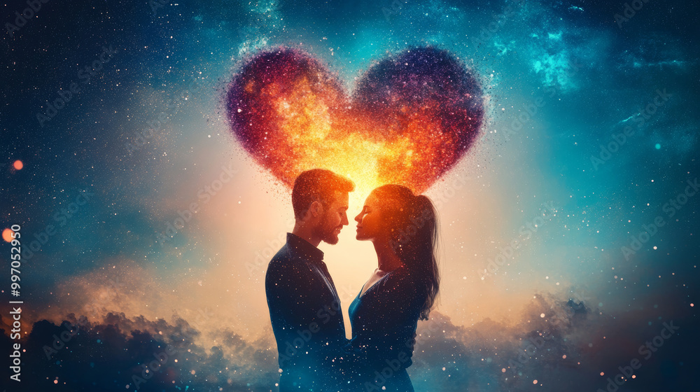 A romantic couple embraces against a cosmic background A romantic couple embraces against a cosmic background
