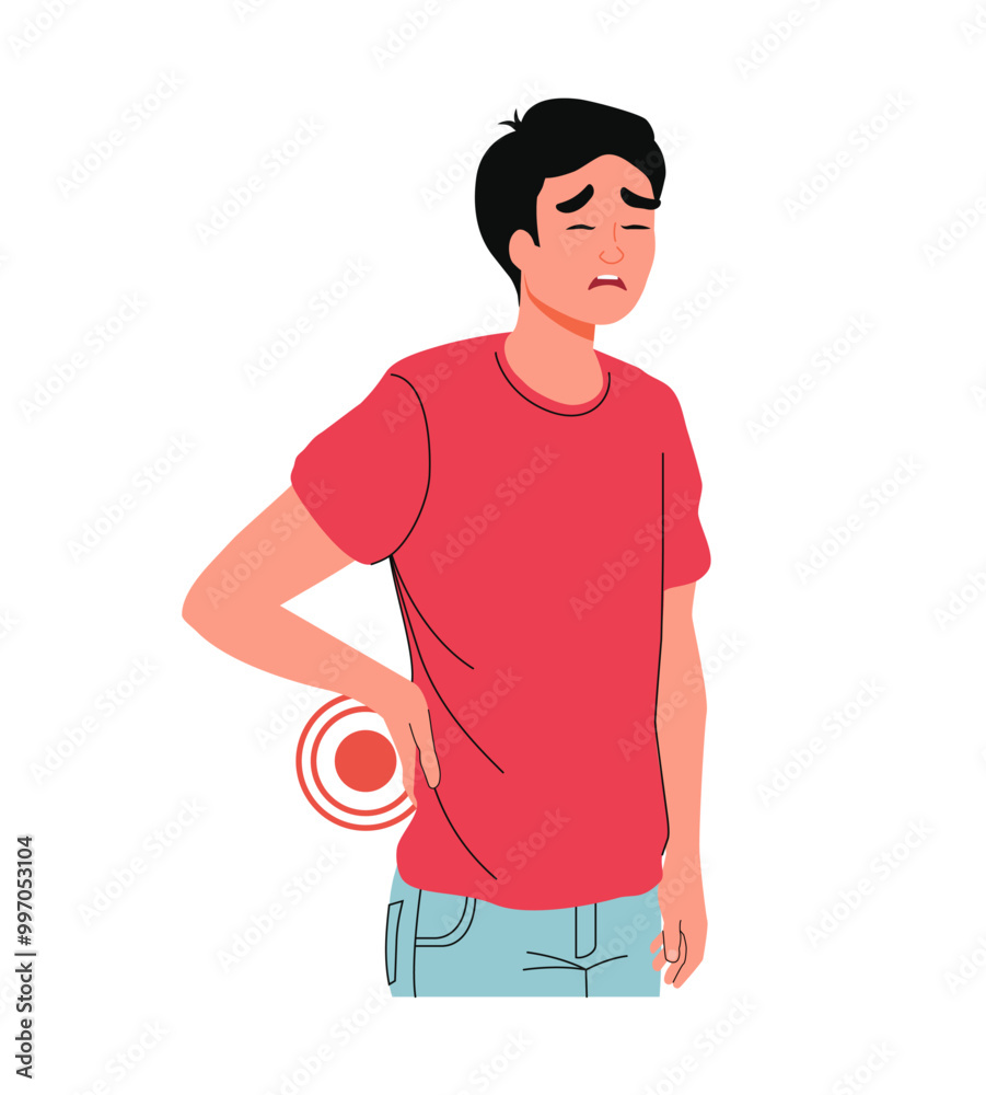 Fototapeta premium The man's back hurts and he holds on to it. Pinched nerve. Severe back pain. Spine. Chronic illness. Osteochondrosis. Flat style. Orthopedists. Fibromyalgia. Sick. Intervertebral disc herniation. 