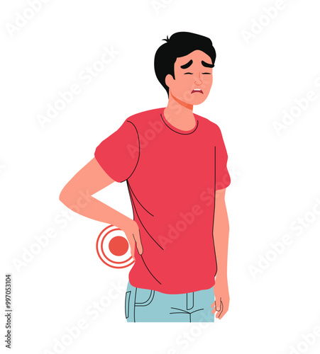 The man's back hurts and he holds on to it. Pinched nerve. Severe back pain. Spine. Chronic illness. Osteochondrosis. Flat style.  Orthopedists. Fibromyalgia. Sick. Intervertebral disc herniation. 