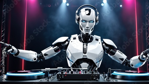 A futuristic robot DJ performing at a vibrant music event with turntables and lights.