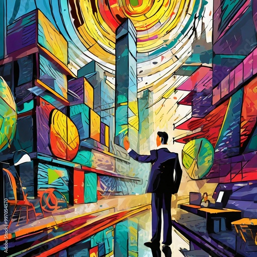 Business man standing in modern graffitti street in comic style