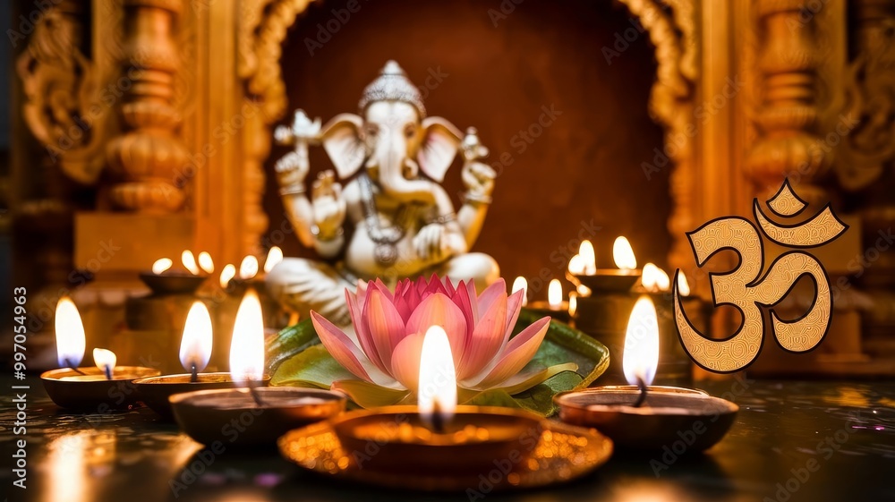 Obraz premium A serene display featuring a Ganesha statue, decorative candles, and a lotus flower, showcasing spirituality and worship.