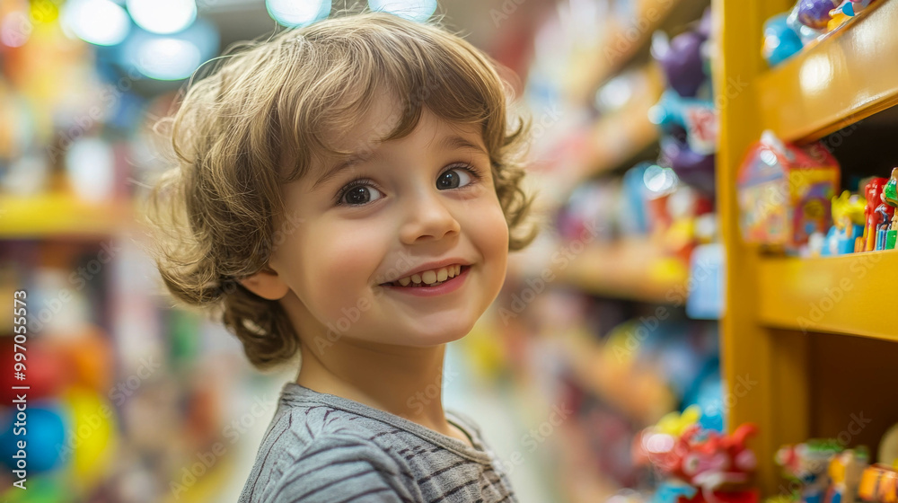 little boy with a smile on his face in a toy store looking at toys with interest
