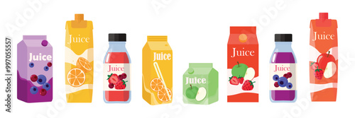 Set of delicious fruit and berry juice in cartoon style. Vector illustration of packaged and bottled juices. Juices with fruits and berries:blueberry,cranberry, orange,strawberry,green and red apple.