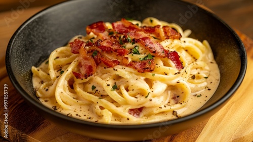 A mouthwatering bowl of creamy carbonara, the noodles coated in a rich sauce with crispy bacon and a hint of black pepper.