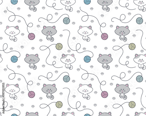 Seamless vector pattern with kittens and colorful balls of thread