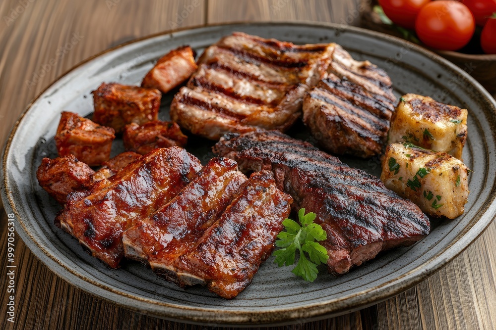 Grilled plate mix assortment meat - generative ai Grilled plate mix assortment meat - generative ai