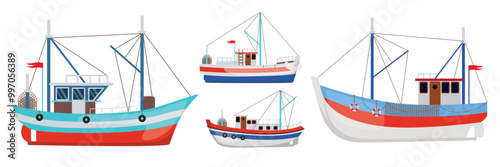 Set of beautiful yachts and fishing boats in cartoon style. Vector illustration of different types of sea fishing vessels with fishing nets, lifeguards in circles, flags isolated on white background.