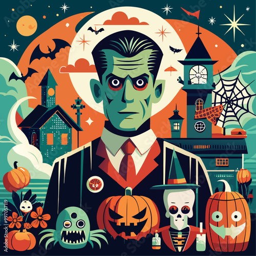 Darkness, terror An unsettling Halloween pumpkin on a frightening backdrop flyer poster
