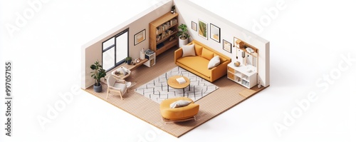 Family room with a cozy reading nook, presented in a top-down isometric 3D render, on an isolated white background.