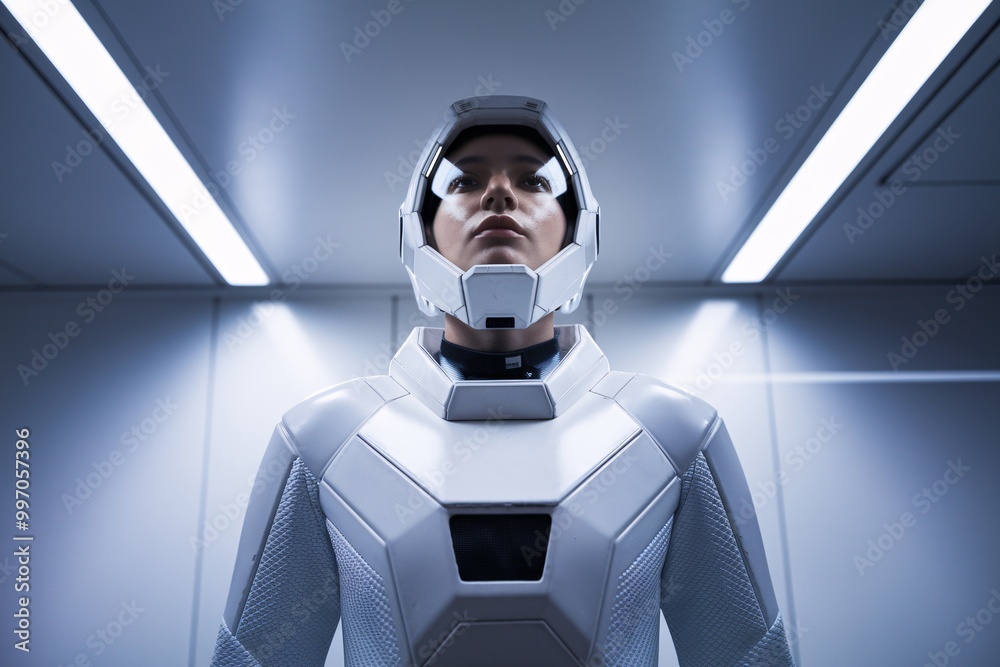 Futuristic Astronaut: A lone astronaut, clad in a gleaming white spacesuit, gazes upwards with determination, embodying the spirit of exploration and the vastness of space. Futuristic Astronaut: A lone astronaut, clad in a gleaming white spacesuit, gazes upwards with determination, embodying the spirit of exploration and the vastness of space.
