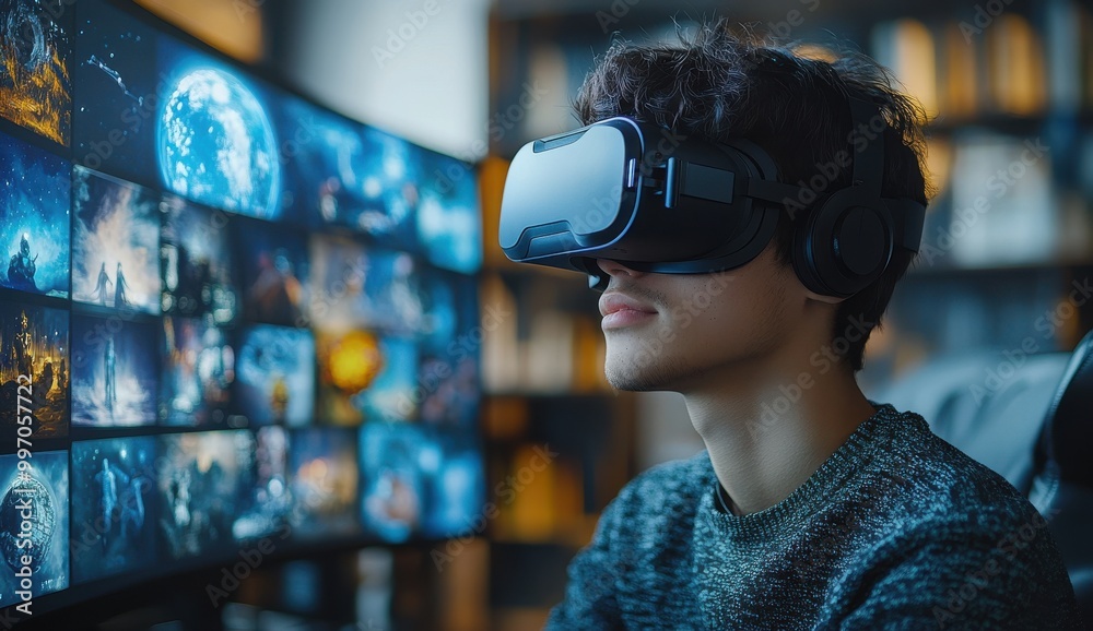 A young man explores captivating virtual worlds with VR glasses while sitting at a computer surrounded by animated characters A young man explores captivating virtual worlds with VR glasses while sitting at a computer surrounded by animated characters