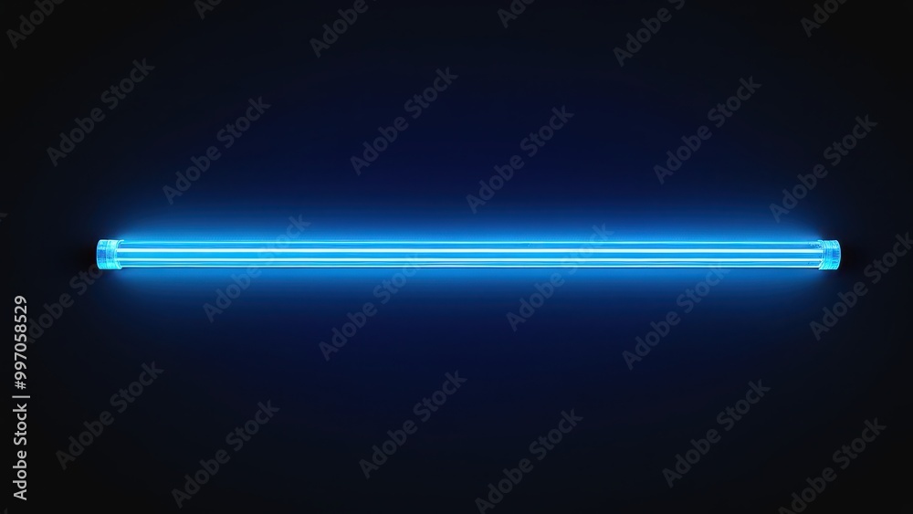 A glowing blue neon light tube against a dark background. A glowing blue neon light tube against a dark background.