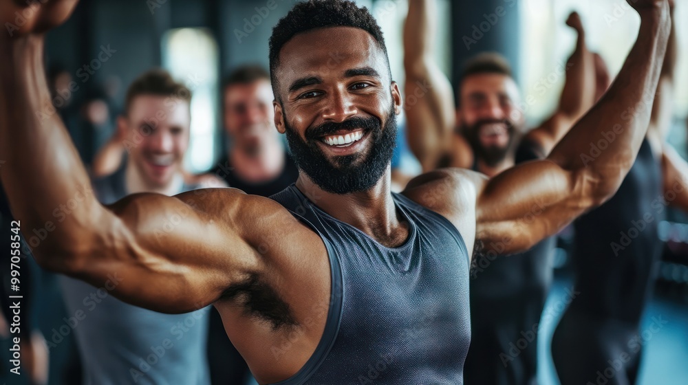 A group of men in fitness attire smiling and stretching their arms A group of men in fitness attire smiling and stretching their arms
