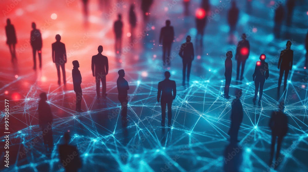 A group of people standing on top of a network. Suitable for technology concepts A group of people standing on top of a network. Suitable for technology concepts
