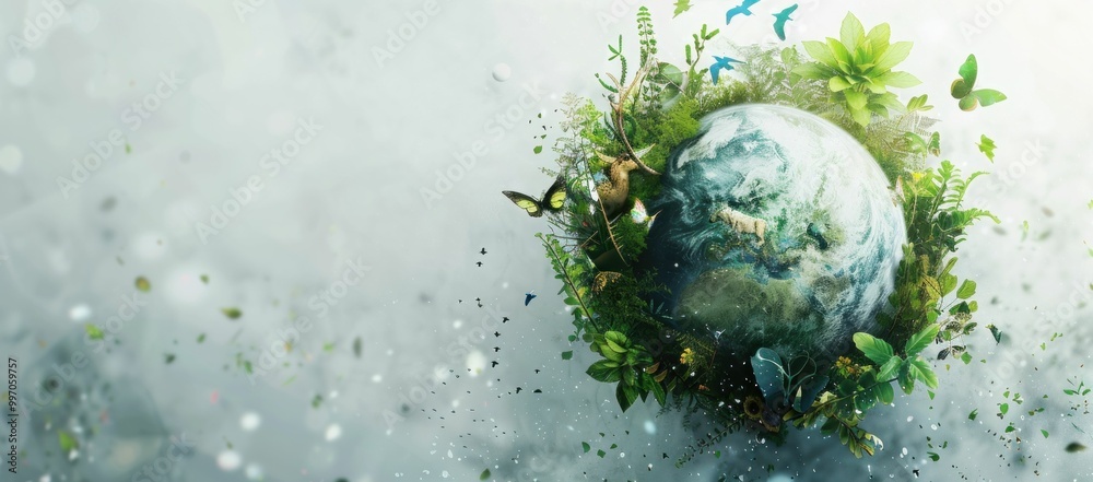 A vibrant representation of Earth surrounded by lush green plants, butterflies, and colorful birds against a soft, ethereal background A vibrant representation of Earth surrounded by lush green plants, butterflies, and colorful birds against a soft, ethereal background