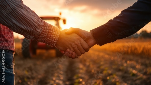 agribusiness handshake business deal agreement between businessman and farmer, purchase sell tractor farm machinery equipment, partnership cooperation collaboration in agriculture business.