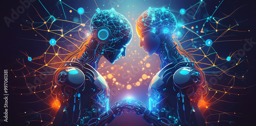 Two androids facing each other and touching hands technology concept