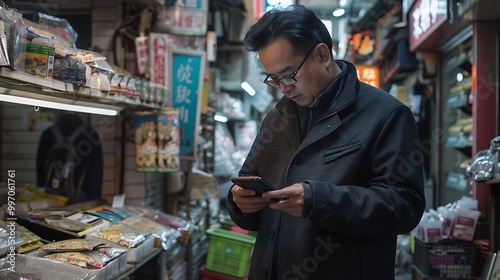 A man browsing his phone in a bustling market filled with various goods.